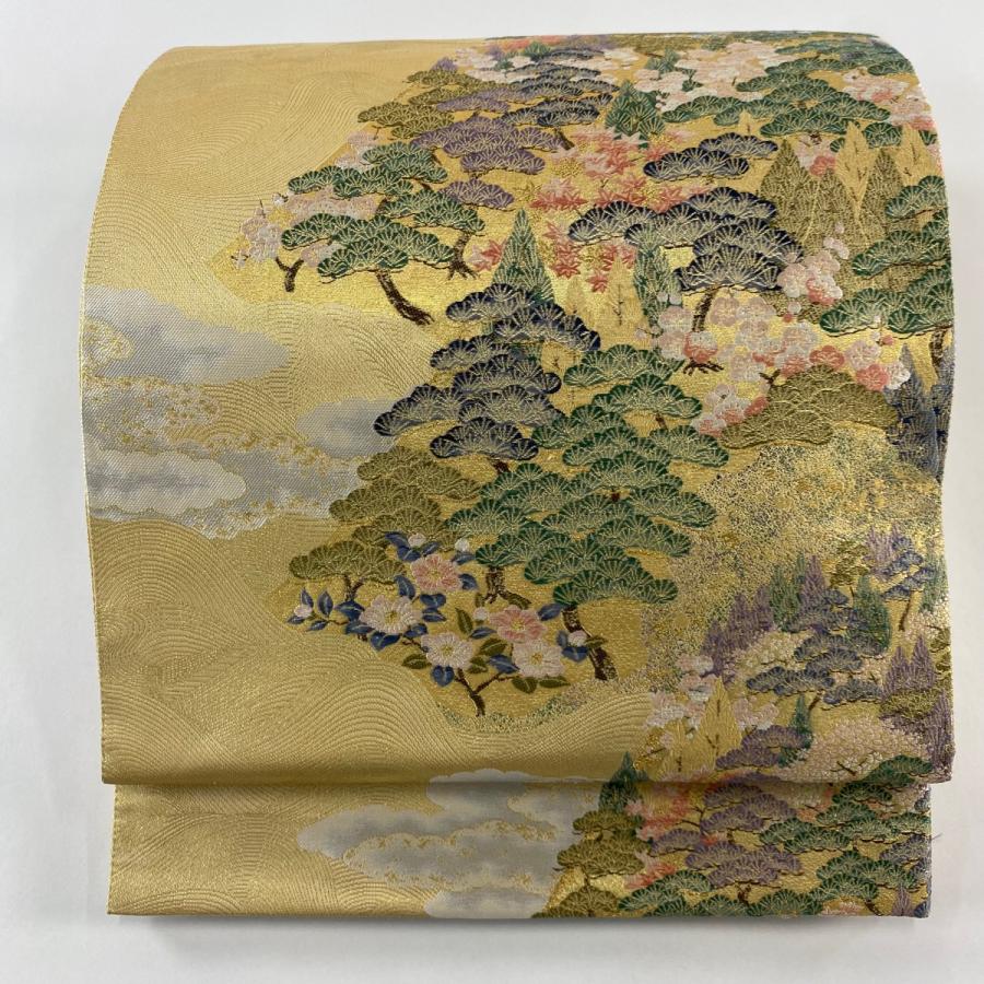美品 袋帯 秀品 雲海山景文 松梅 金糸 箔 金色 六通 正絹 中古