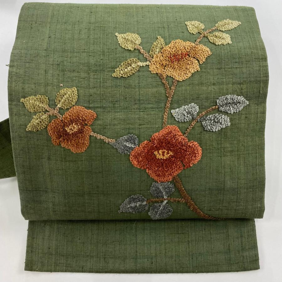 名古屋帯 秀品 紬地 枝花 刺繍 茶緑色 正絹 中古 : リユースセレクト 