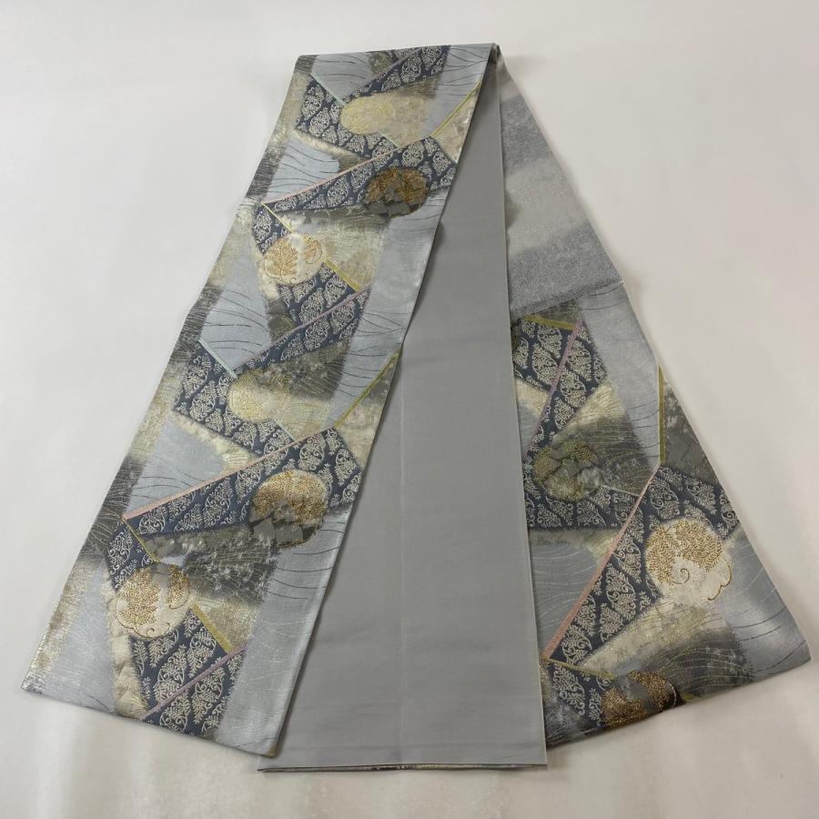 袋帯 美品 秀品 草花 幾何学 金銀糸 箔 灰色 六通 正絹 中古