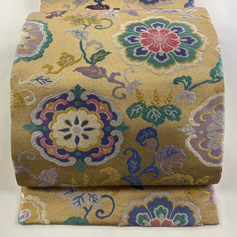 刺繍 六通 袋帯 金糸 正絹 未使用品 袋帯 逸品 巻物 枝花 刺繍 金糸 銀色 六通 正絹 中古 在庫一掃