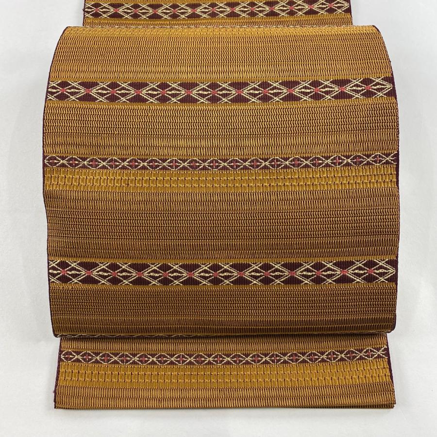 名古屋帯 黒に近い濃紺と茶とベージュ 幾何学模様正絹 名古屋帯 黒に近い濃紺と茶とベージュ 幾何学模様正絹