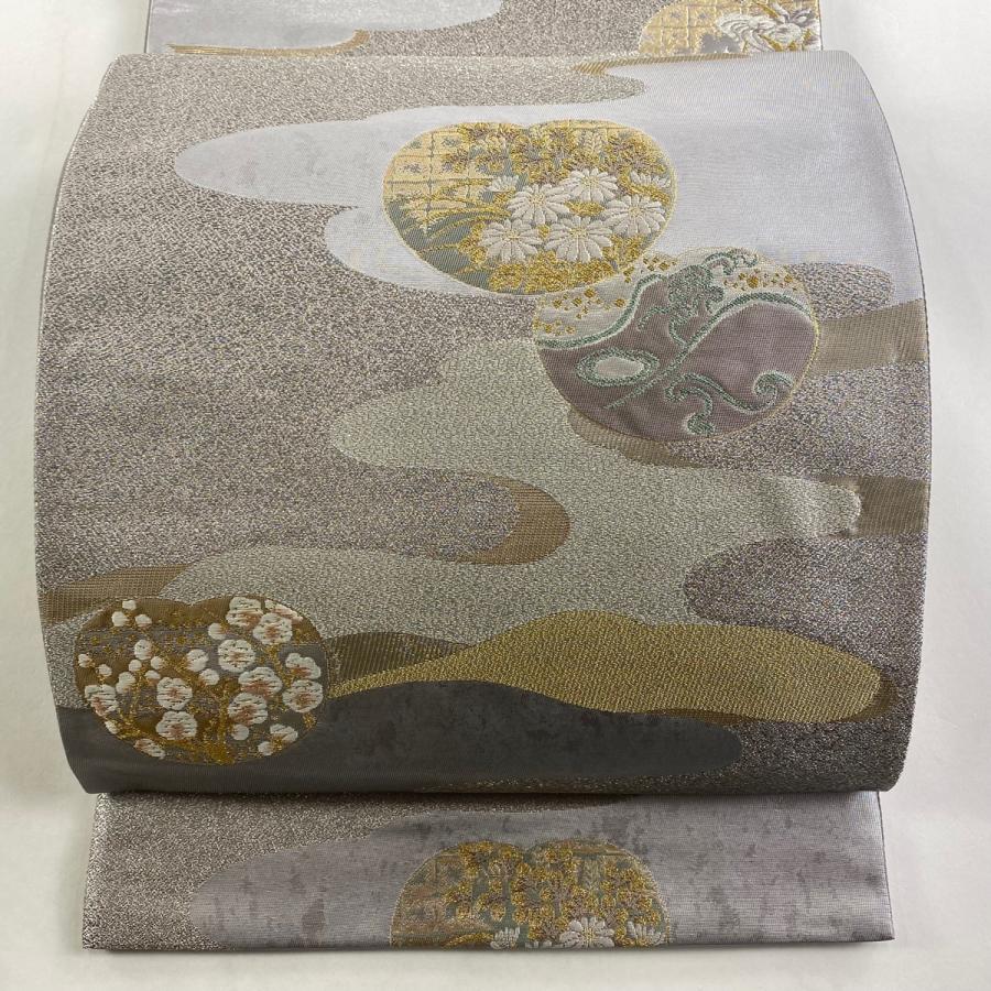 美品 袋帯 秀品 松尾光琳 落款あり 琳派草花図 団扇 草花 金銀糸 箔