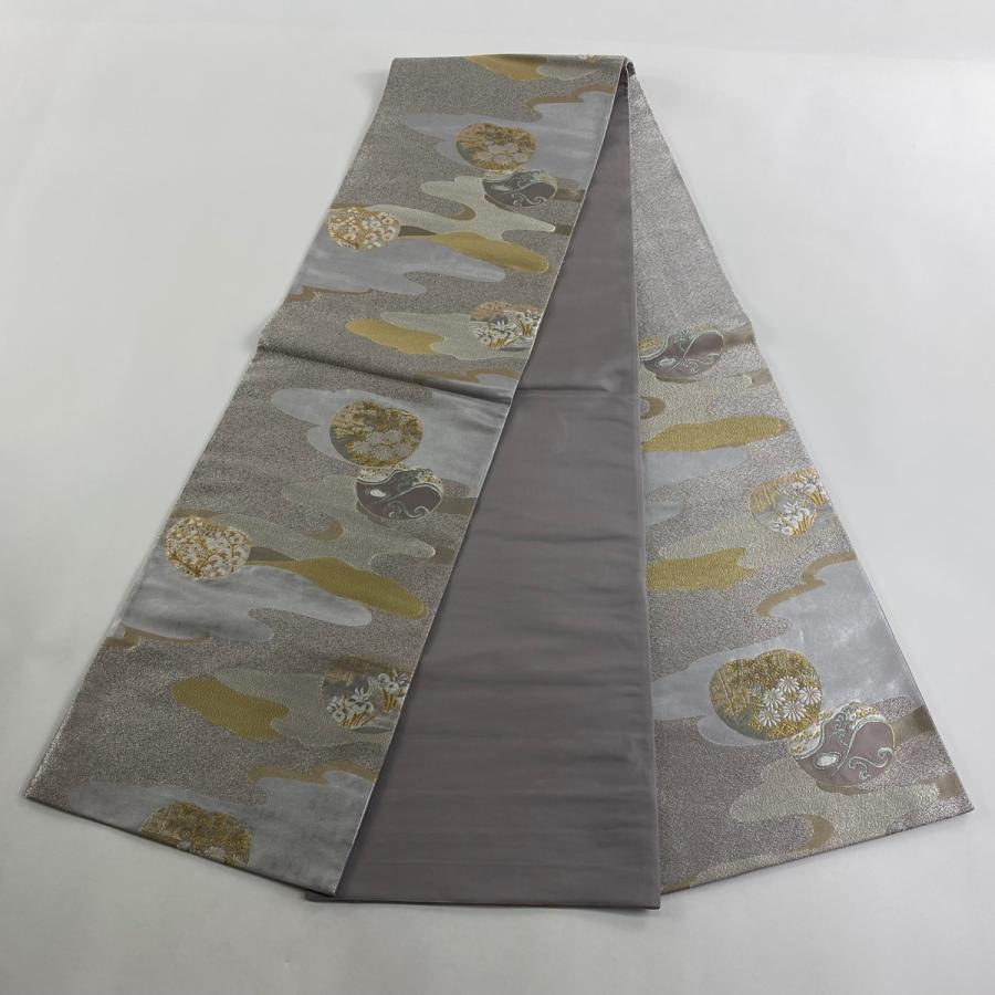 美品 袋帯 秀品 松尾光琳 落款あり 琳派草花図 団扇 草花 金銀糸 箔