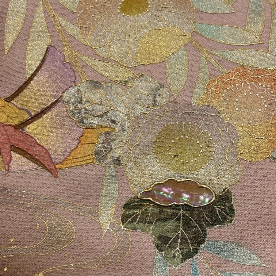 訪問着 身丈181cm 裄丈70.5cm 未仕立て 仮絵羽 草花 鳥 螺鈿 金銀彩