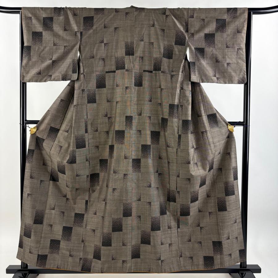 紬 身丈157cm 裄丈65cm M 袷 変わり市松 焦茶色 正絹 秀品 中古