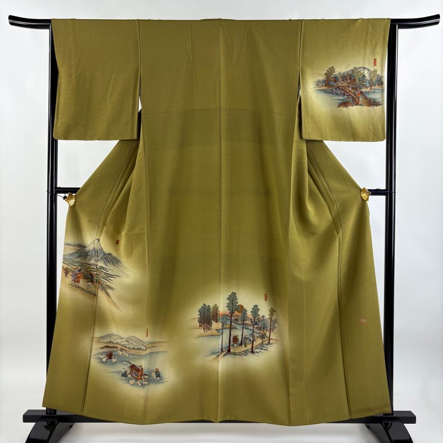 付下げ 身丈159cm 裄丈64cm M 袷 落款あり 風景 人物 刺繍 金糸 鶯色