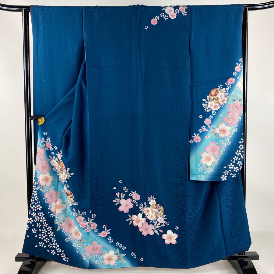 振袖 身丈161cm 裄丈63.5cm S 袷 手鞠 桜 金糸 金彩 青緑 正絹 秀品