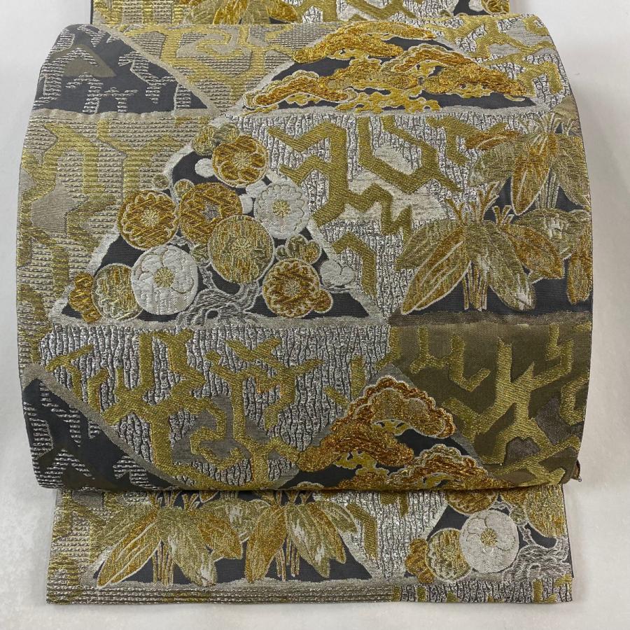 袋帯 美品 秀品 うろこ文 笠松 金銀糸 箔 灰色 六通 正絹 中古