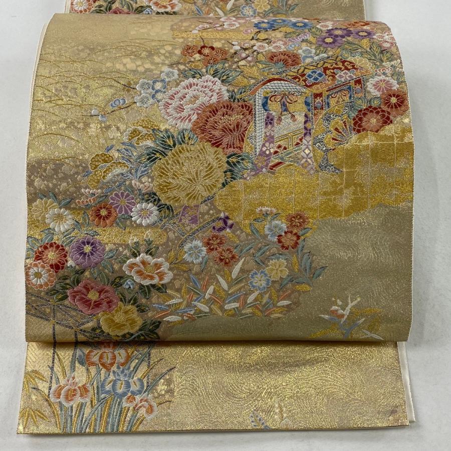 袋帯 美品 秀品 御所車 草花 金糸 箔 金色 六通 正絹 中古 : リユース