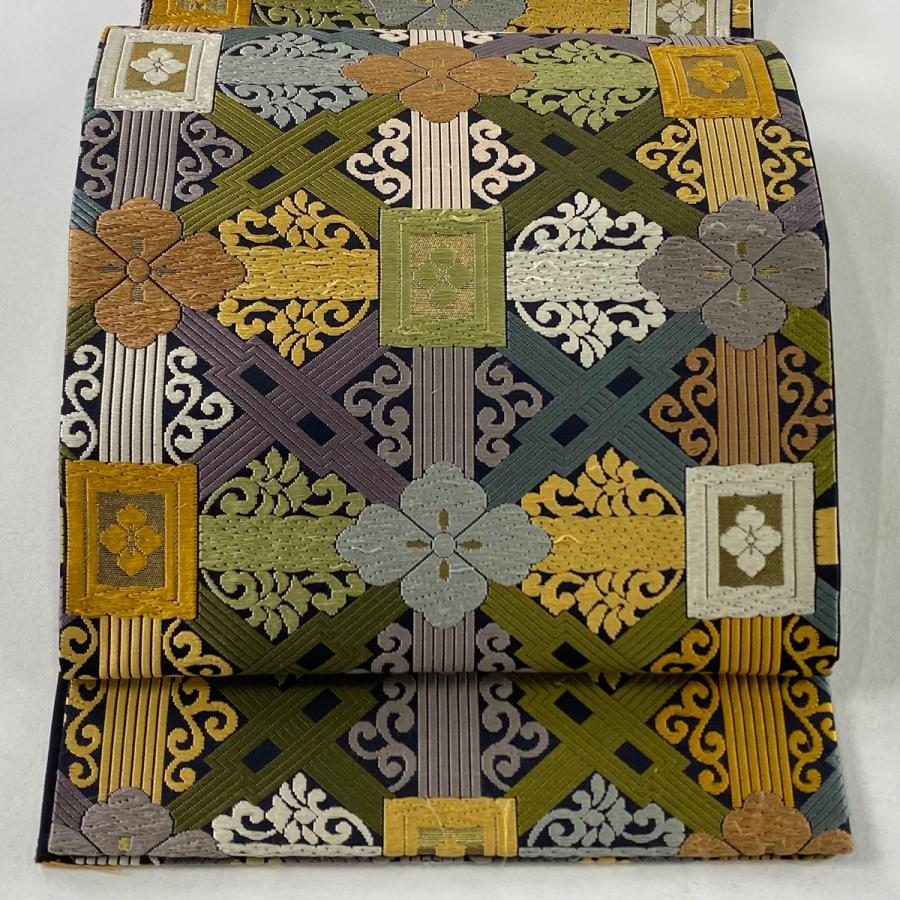 袋帯 秀品 能衣彩蜀甲文様 箔 鶯色 六通 正絹 中古 : リユースセレクト