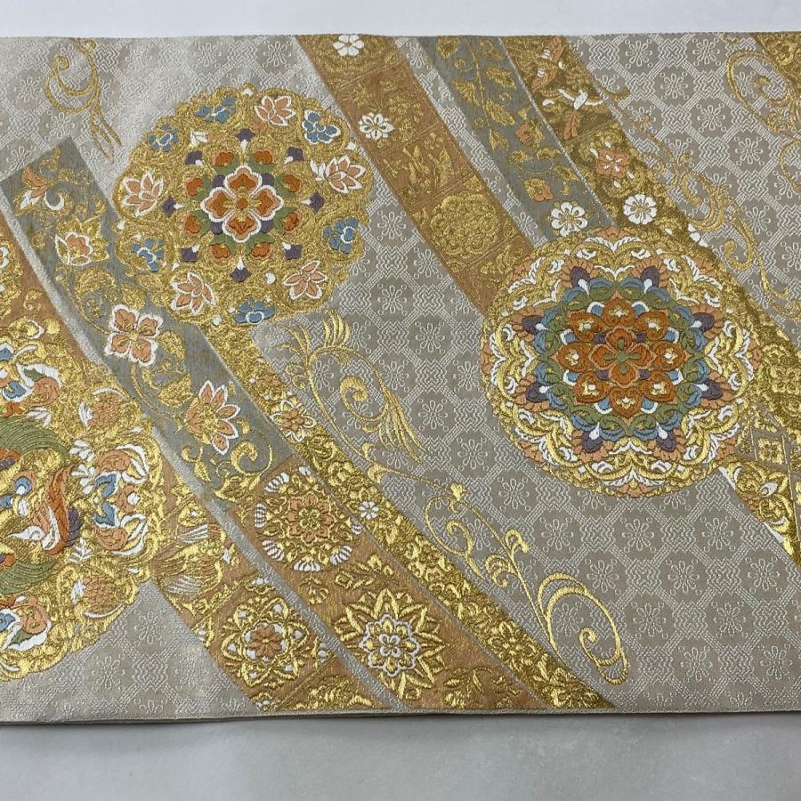 袋帯 秀品 服部織物 落款あり 鳳凰 華文 箔 唐織 クリーム 六通