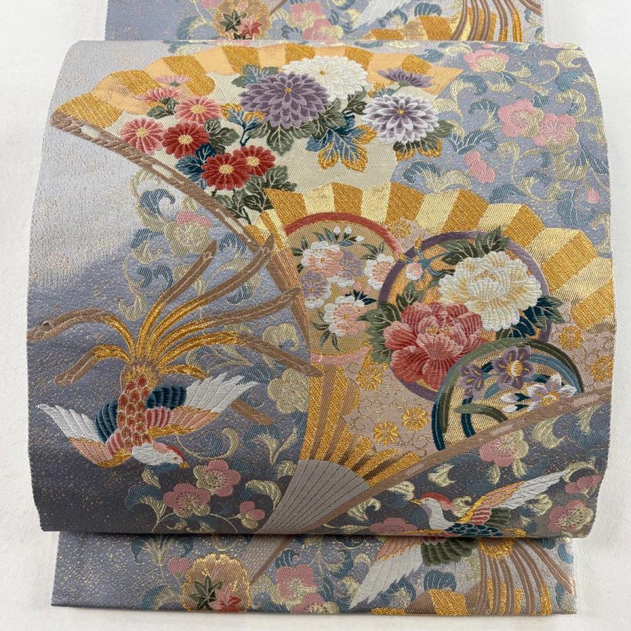 袋帯 美品 秀品 舞衣夢 二重織 扇 花鳥 金糸 箔 灰色 六通 正絹 中古