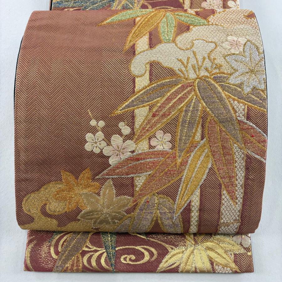 袋帯 美品 秀品 竹 梅 金銀糸 箔 茜色 六通 正絹 中古