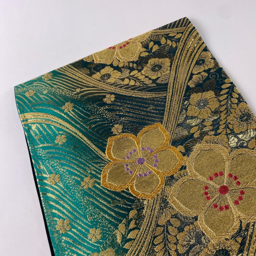 細密織 襦珍織 袋帯 青銅箔 玉虫色 金糸 正絹 六通 Q1053 高島織物】正絹西陣織袋帯青銅箔 ≪仕・中古美品≫「花鳥献上」幽玄な
