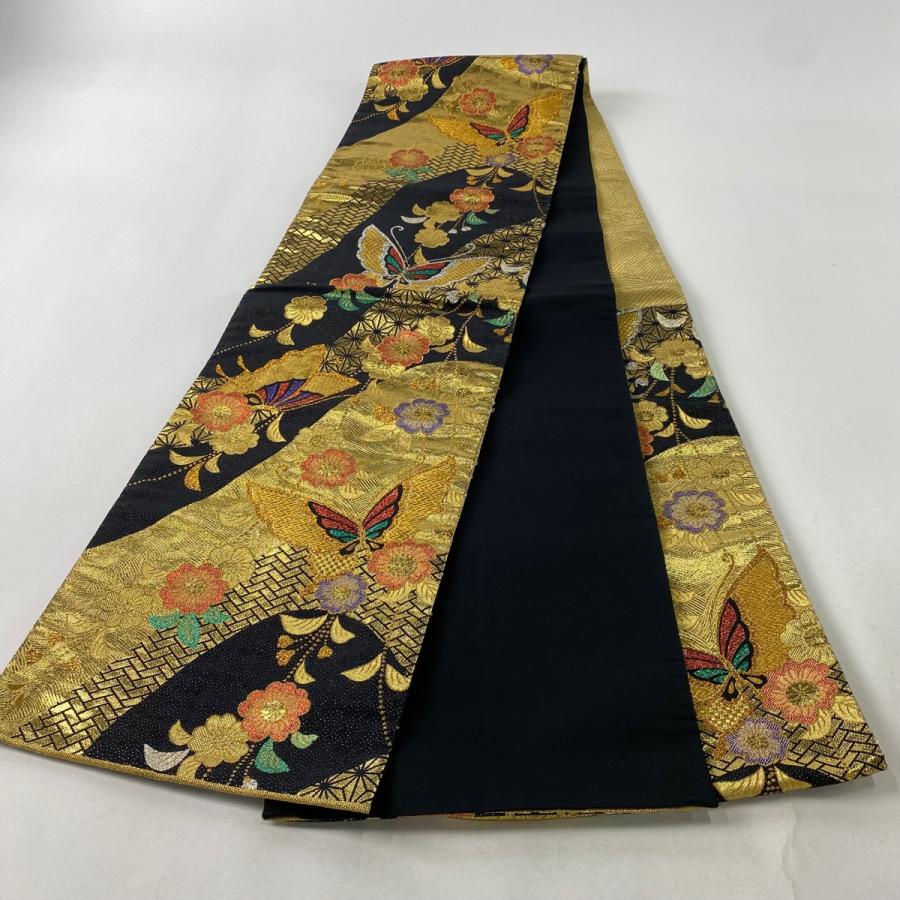 袋帯 秀品 桜 箔 黒 六通 正絹 中古 美品】 袋帯 秀品 桜
