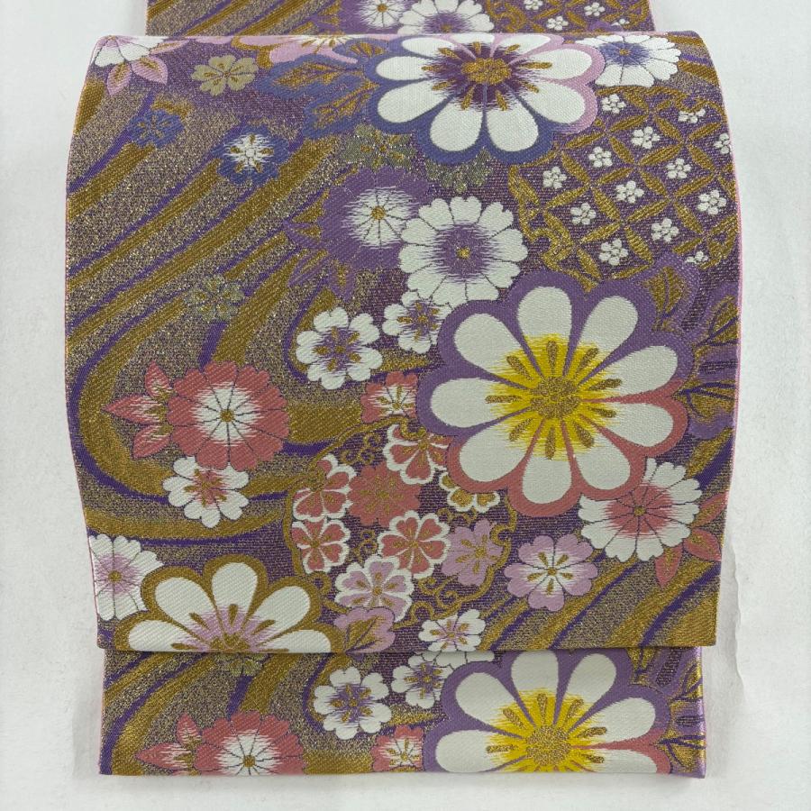 袋帯 美品 秀品 菊 流水 金糸 箔 紫 六通 正絹 中古 : リユース