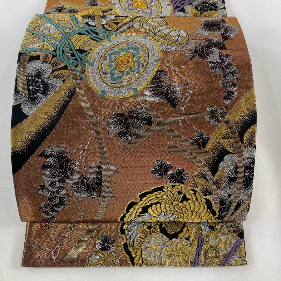 袋帯 美品 秀品 鼓 葡萄 箔 金銀糸 黒 六通 正絹 中古 : リユース