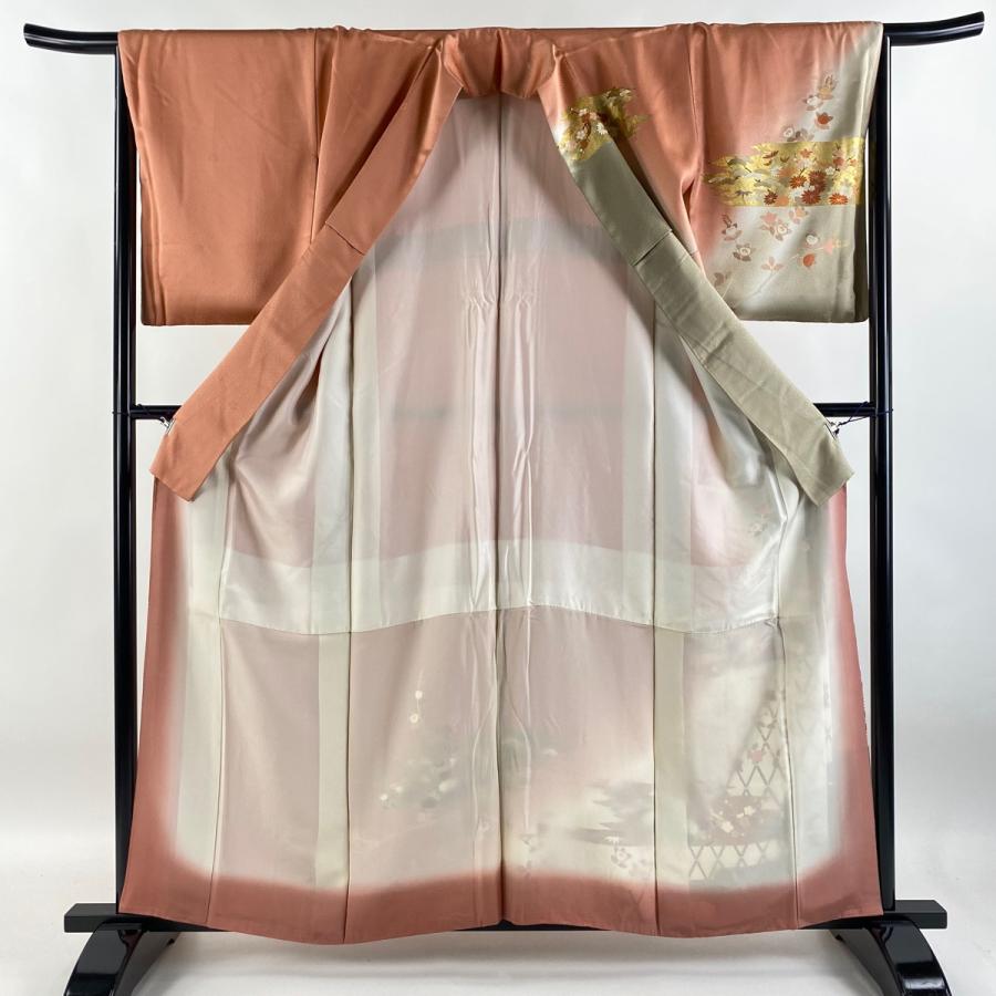 訪問着 身丈158.5cm 裄丈66cm 正絹 秀品 【中古】 訪問着 身丈158.5cm 裄丈66cm M 袷 椿 楓 金彩 黄土色 正絹 秀品 中古
