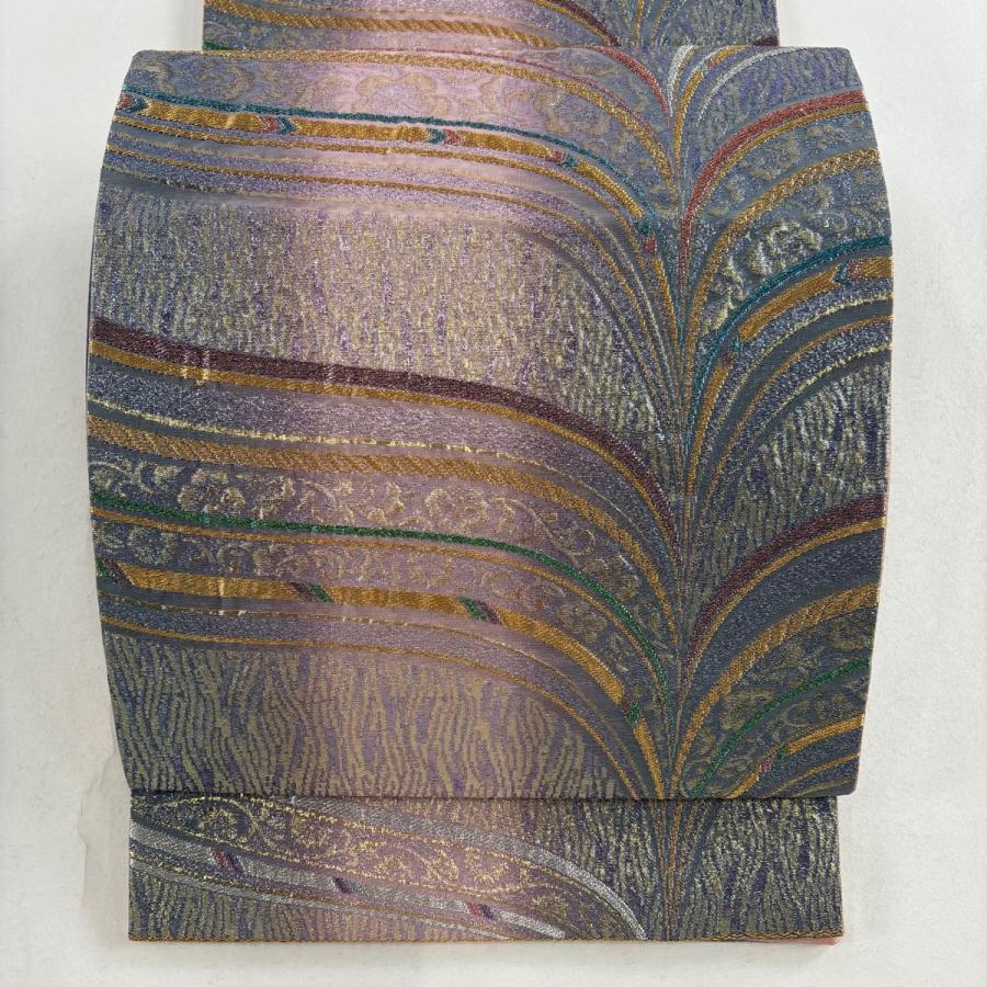 袋帯 美品 秀品 草花 幾何学 金糸 箔 薄紫 六通 正絹 中古 : リユース