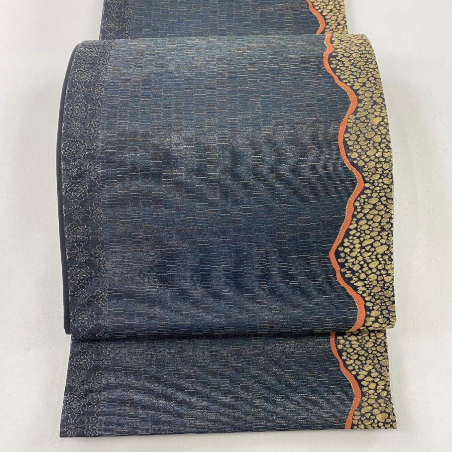 袋帯 美品 秀品 花 幾何学 箔 銀糸 墨色 六通 正絹 中古