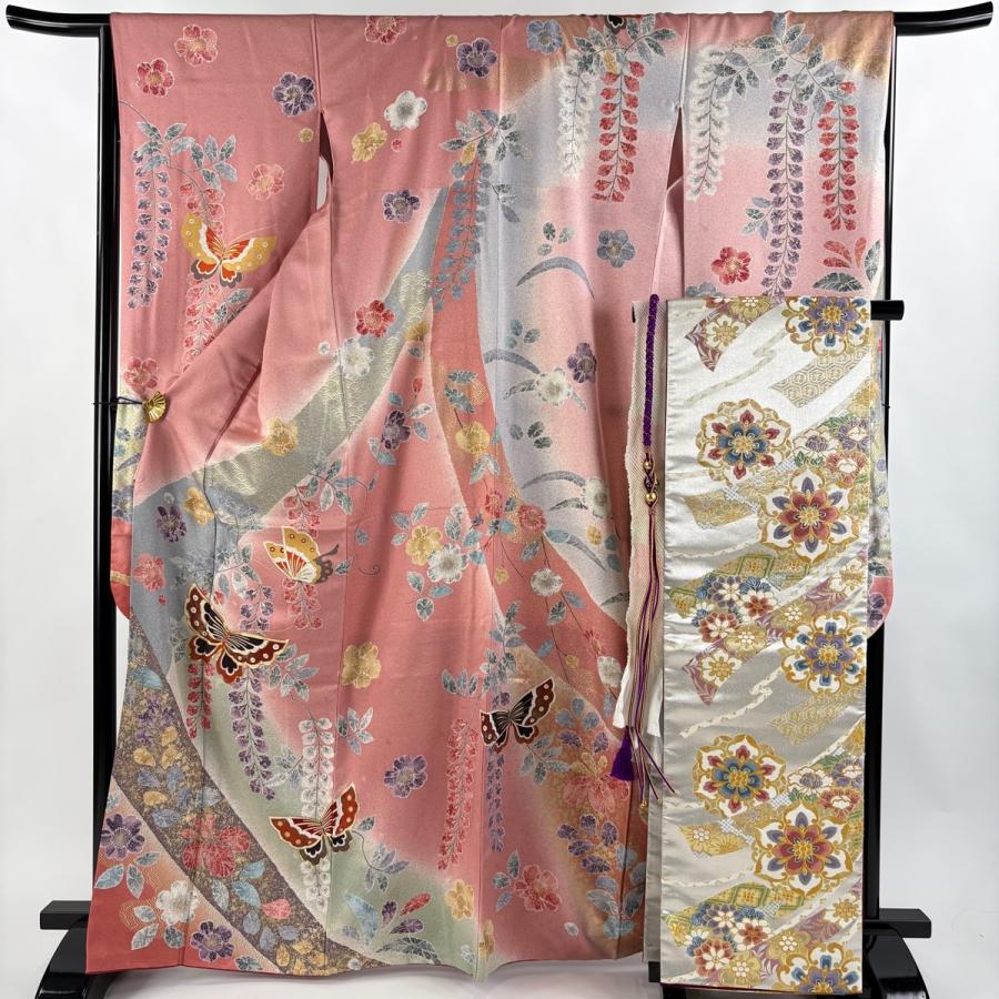 美品 振袖 身丈167.5cm 裄丈66.5cm M 袷 袋帯フルセット 蝶 梅 金糸
