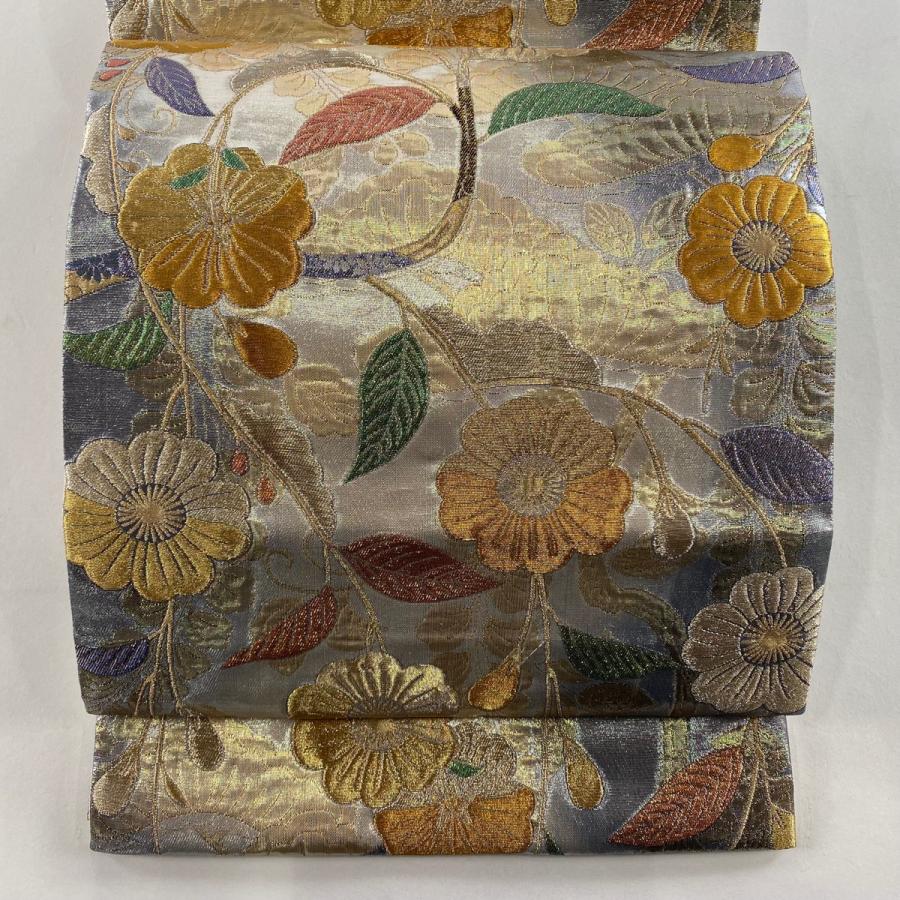 美品 袋帯 名品 振袖向き 草花 松 箔 金銀糸 銀色 六通 正絹