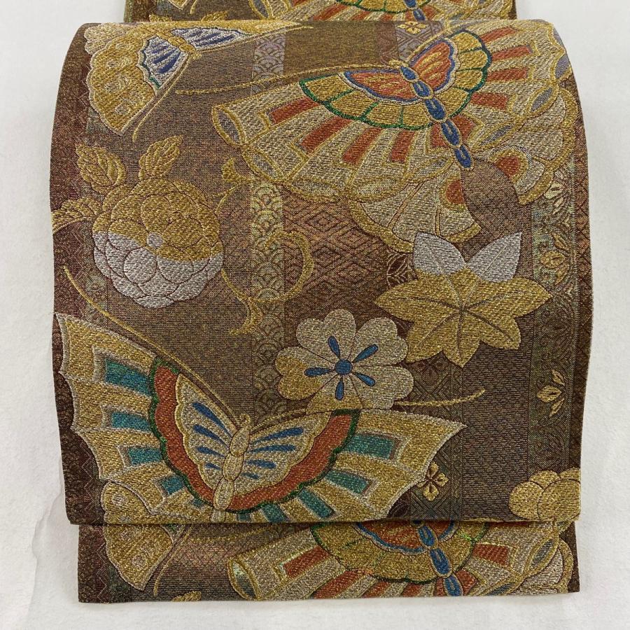 袋帯 美品 秀品 蝶 草花 金銀糸 箔 茶色 六通 正絹 中古 : リユース