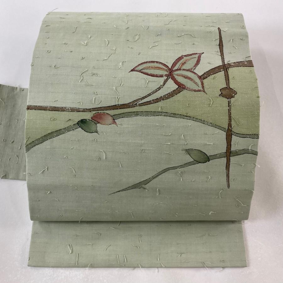 名古屋帯 美品 秀品 髭紬地 枝葉 金彩 薄緑 正絹 中古 : リユース 