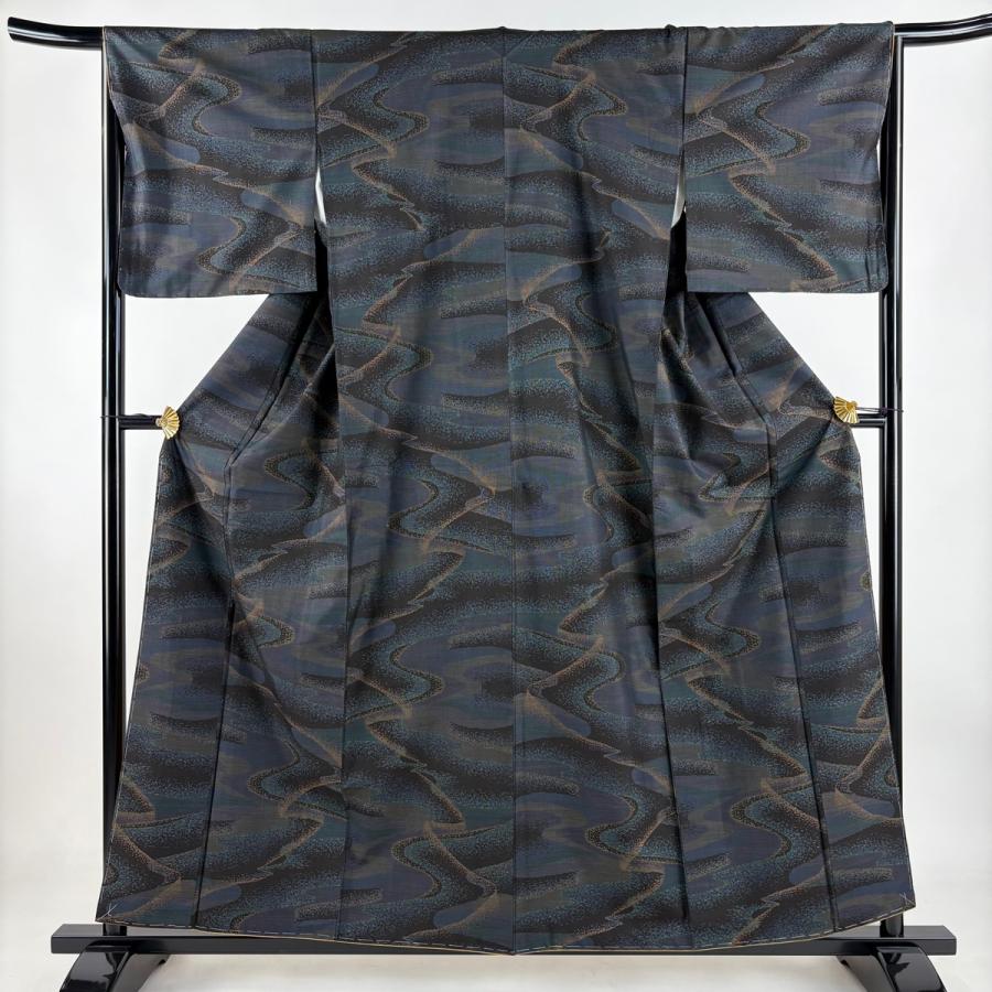 大島紬 身丈158cm 裄丈65.5cm M 袷 純泥染 証紙あり 流水 濃紺 正絹 美