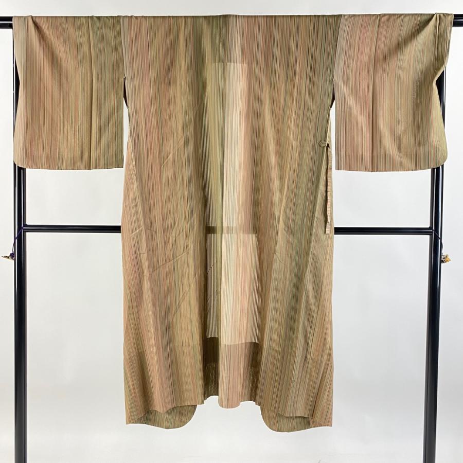道中着 身丈125cm 裄丈68.5cm L 和装コート 着物衿 縦縞 鶯色 正絹