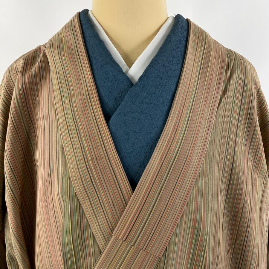 道中着 身丈125cm 裄丈68.5cm L 和装コート 着物衿 縦縞 鶯色 正絹