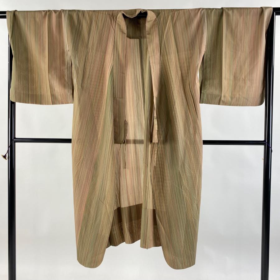 道中着 身丈125cm 裄丈68.5cm L 和装コート 着物衿 縦縞 鶯色 正絹