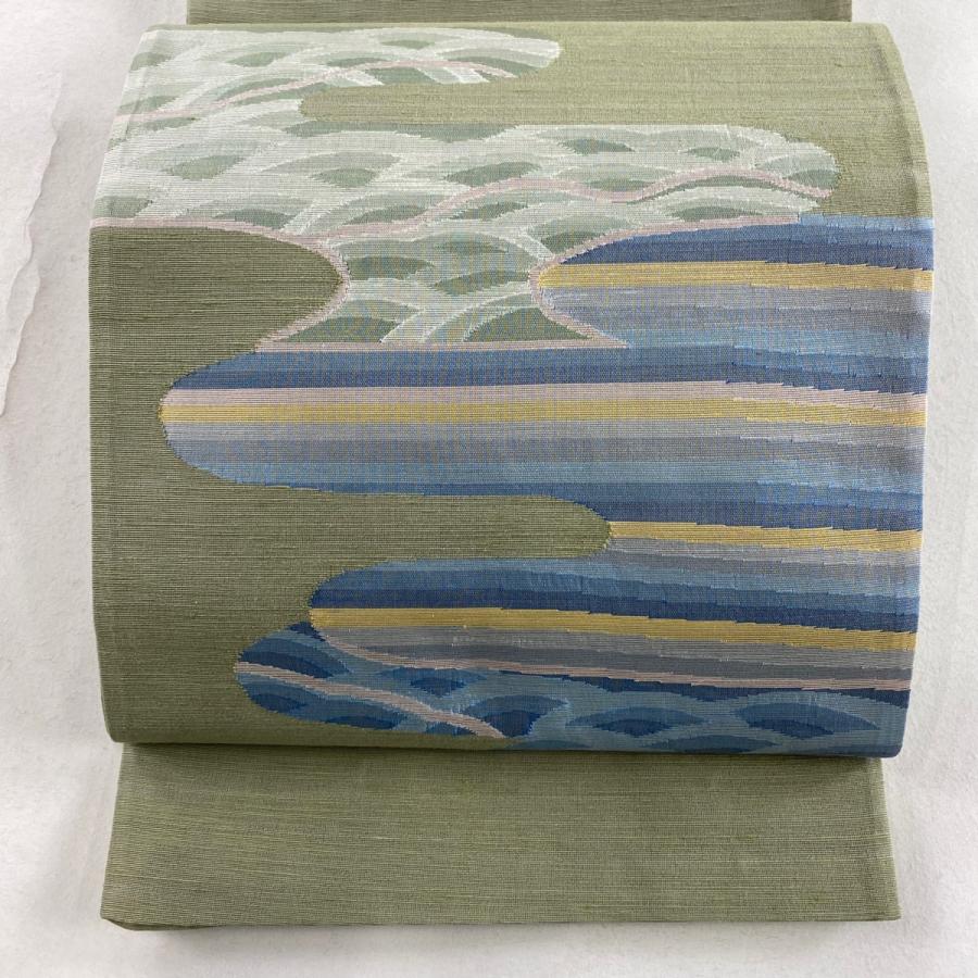 袋帯 秀品 夏帯 ヱ霞 青海波 よもぎ色 お太鼓柄 正絹 中古 : リユース