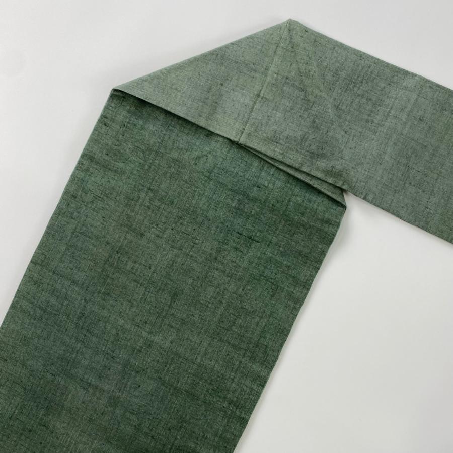 名古屋帯 秀品 紬地 幾何学 刺繍 緑 正絹 中古