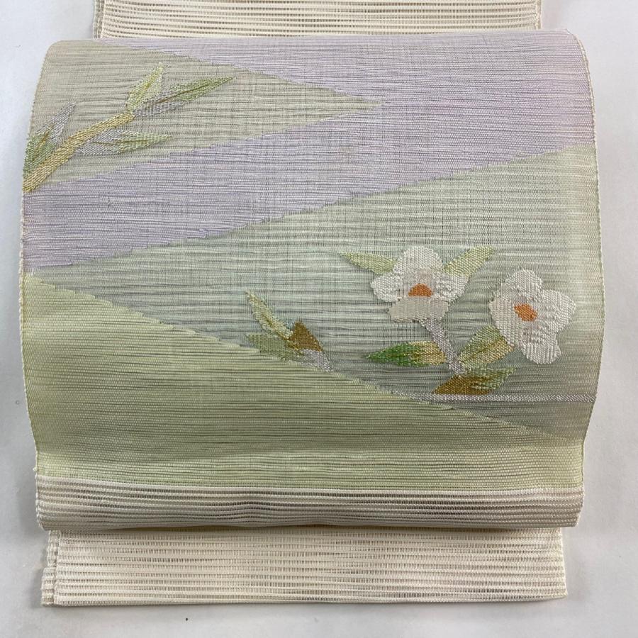 名古屋帯 秀品 夏帯 絽 八寸名古屋帯 草花 金銀糸 薄緑 正絹 中古 在庫