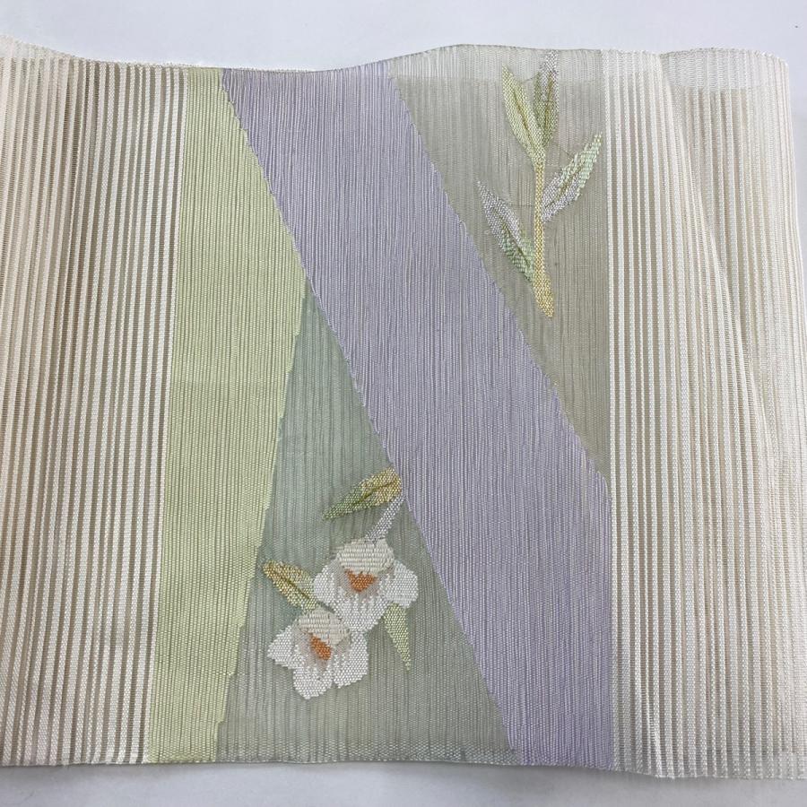 名古屋帯 秀品 夏帯 絽 八寸名古屋帯 草花 金銀糸 薄緑 正絹 中古 在庫