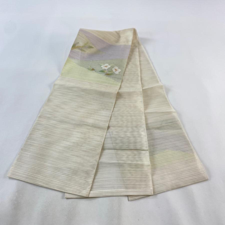 名古屋帯 秀品 夏帯 絽 八寸名古屋帯 草花 金銀糸 薄緑 正絹 中古 在庫