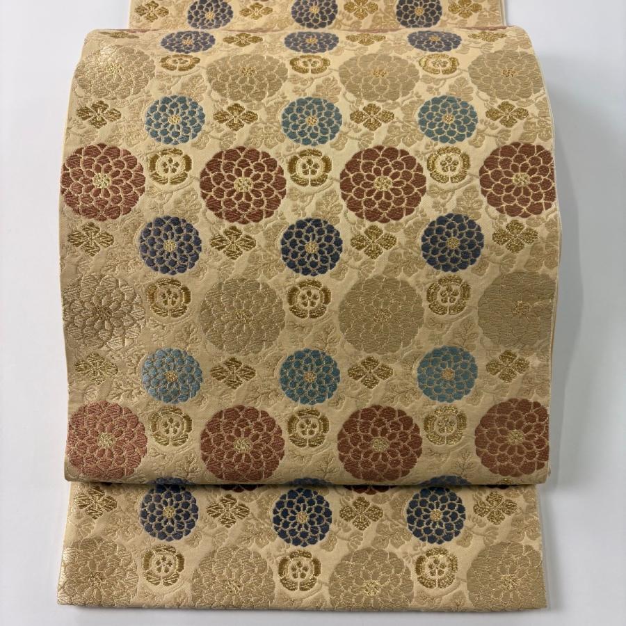 袋帯 名品 菊 金糸 唐織 ベージュ 六通 正絹 中古 袋帯 美品 秀品 瑞宝 