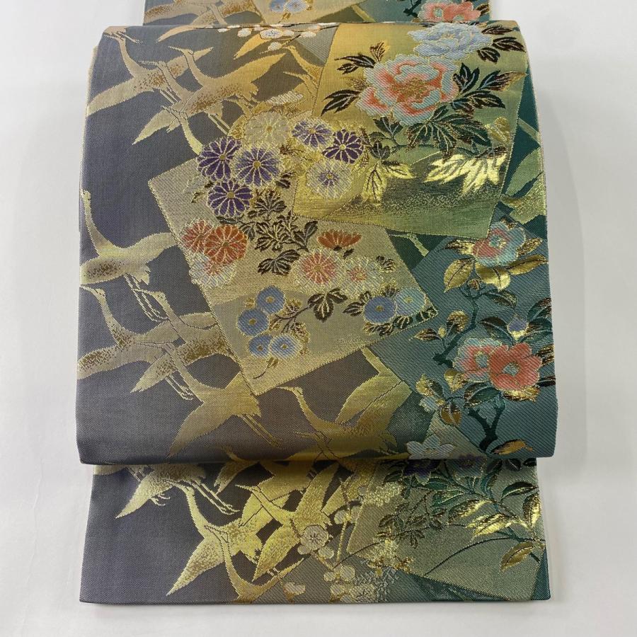 袋帯 美品 秀品 色紙 花鳥 箔 青緑 六通 正絹 中古 : リユースセレクト