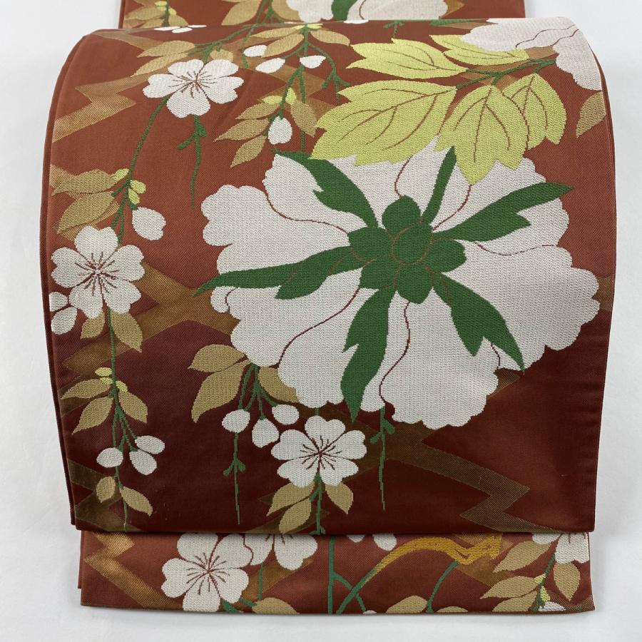 袋帯 逸品 辻村ジュサブロー 落款あり 関西仕立て 桜 松皮菱 茶色 六通