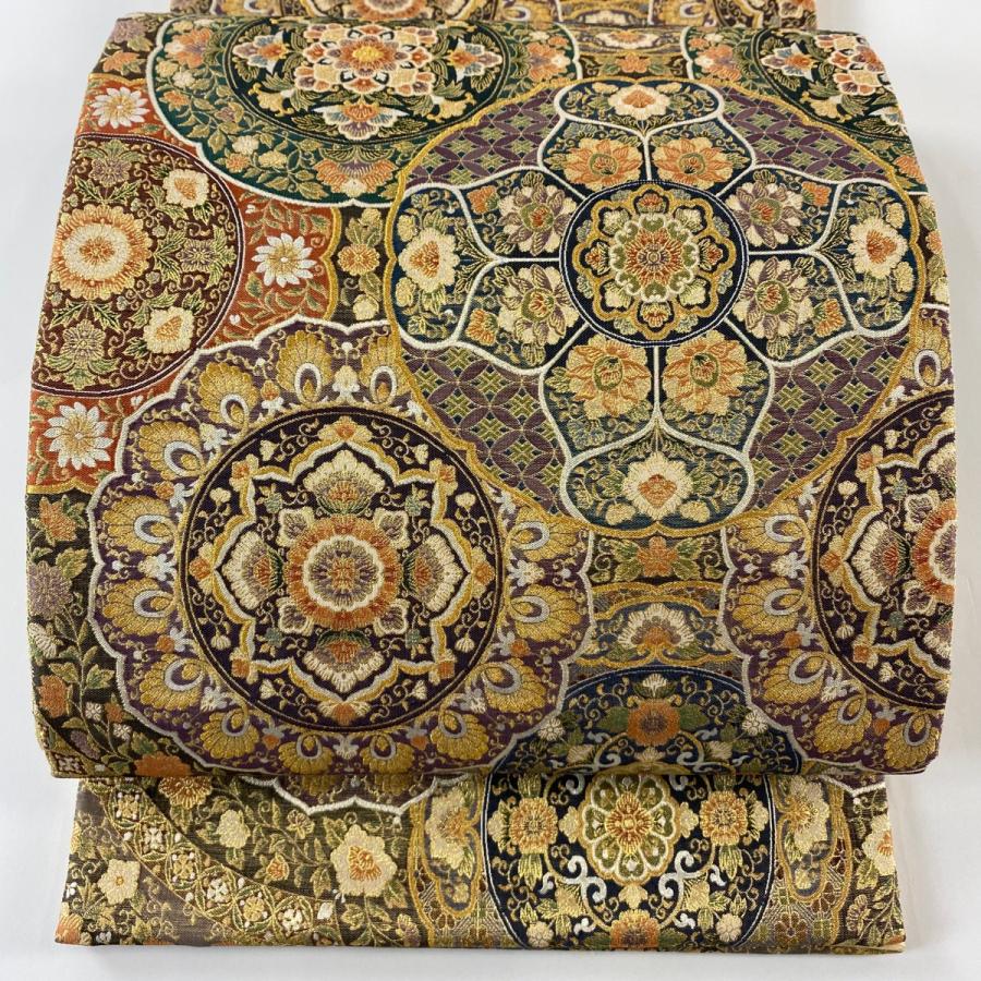 美品 袋帯 逸品 微繊細織 華文 草花 金糸 箔 金色 六通 正絹 中古
