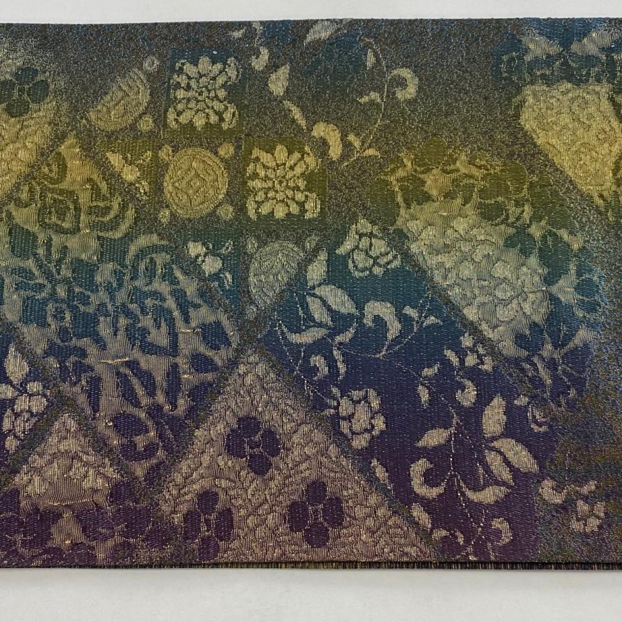 美品 袋帯 名品 草花 幾何学模様 箔 金通し 青緑 六通 正絹 中古