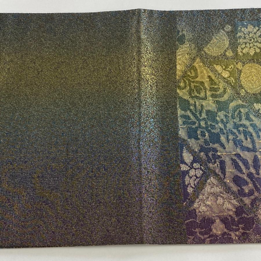 美品 袋帯 名品 草花 幾何学模様 箔 金通し 青緑 六通 正絹 中古