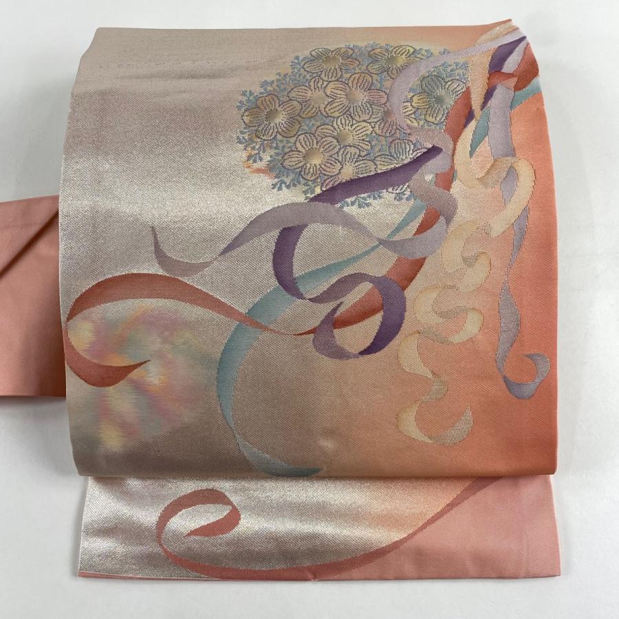 名古屋帯 優品 落款あり 花柄 帯 銀糸 ピンク 正絹 中古 : リユース 