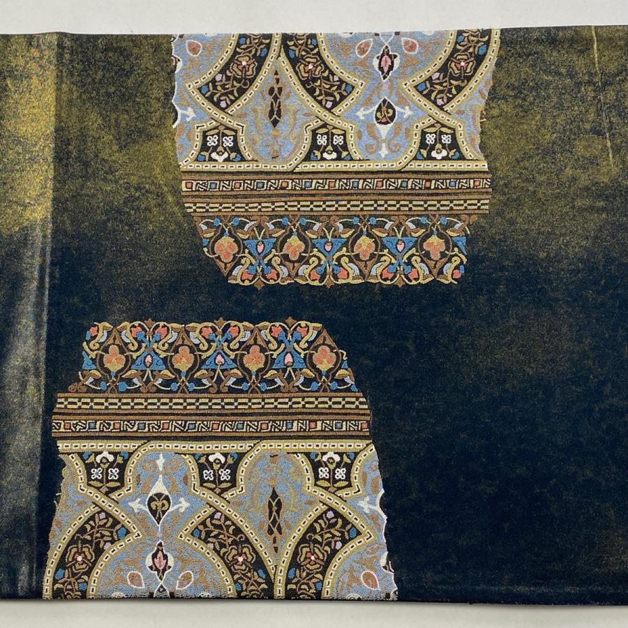 美品 袋帯 逸品 蒋雪英 落款あり 草花 幾何学模様 相良刺繍 金糸 青黒