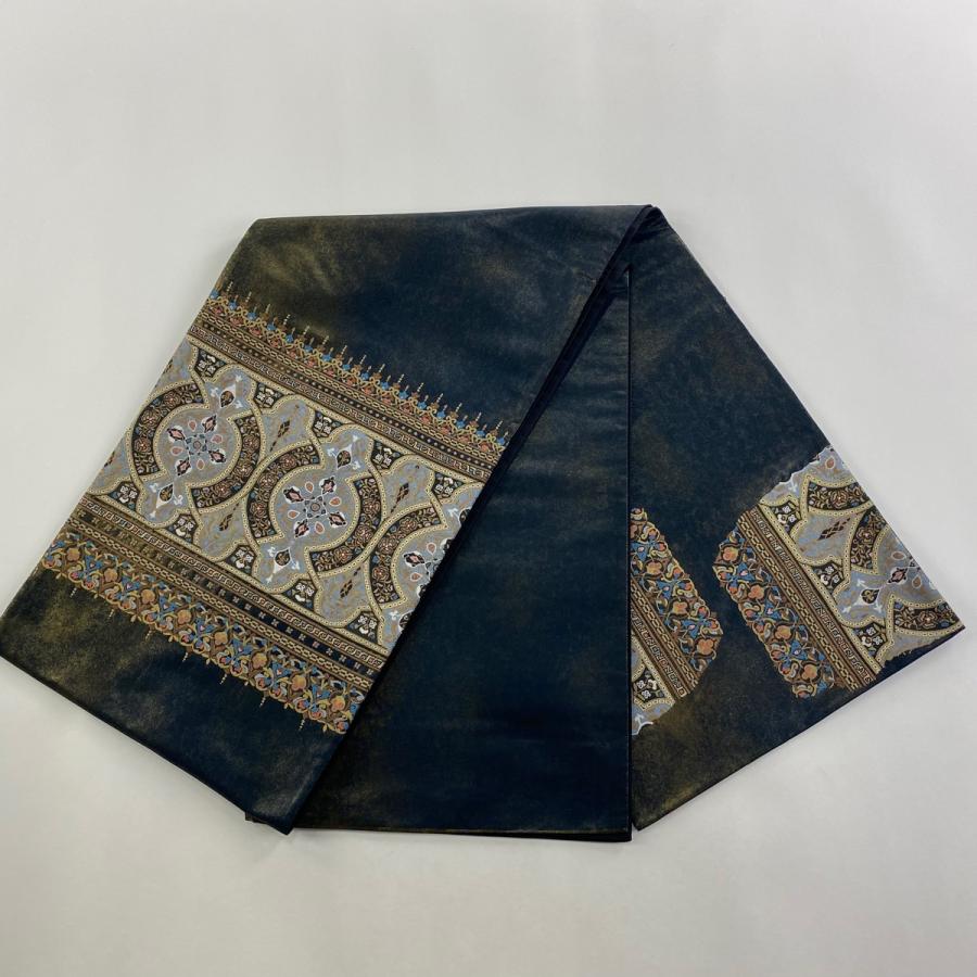 美品 袋帯 逸品 蒋雪英 落款あり 草花 幾何学模様 相良刺繍 金糸 青黒