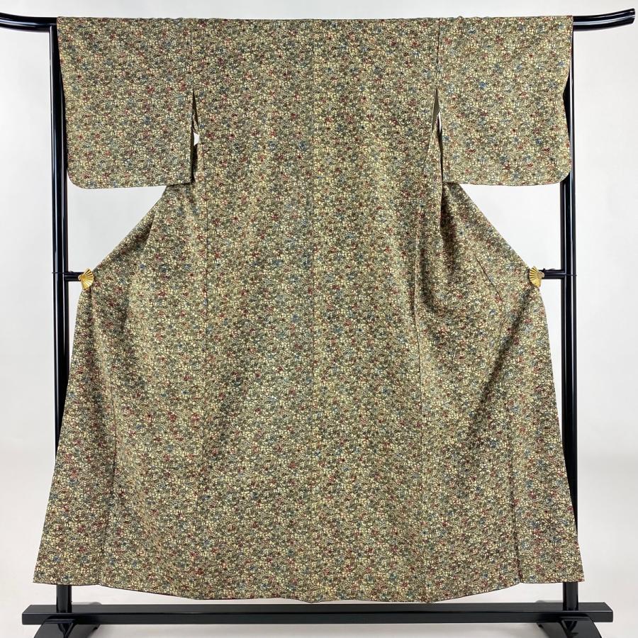 小紋 身丈155cm 裄丈65cm M 袷 紬地 草花 ベージュ 正絹 優品 中古