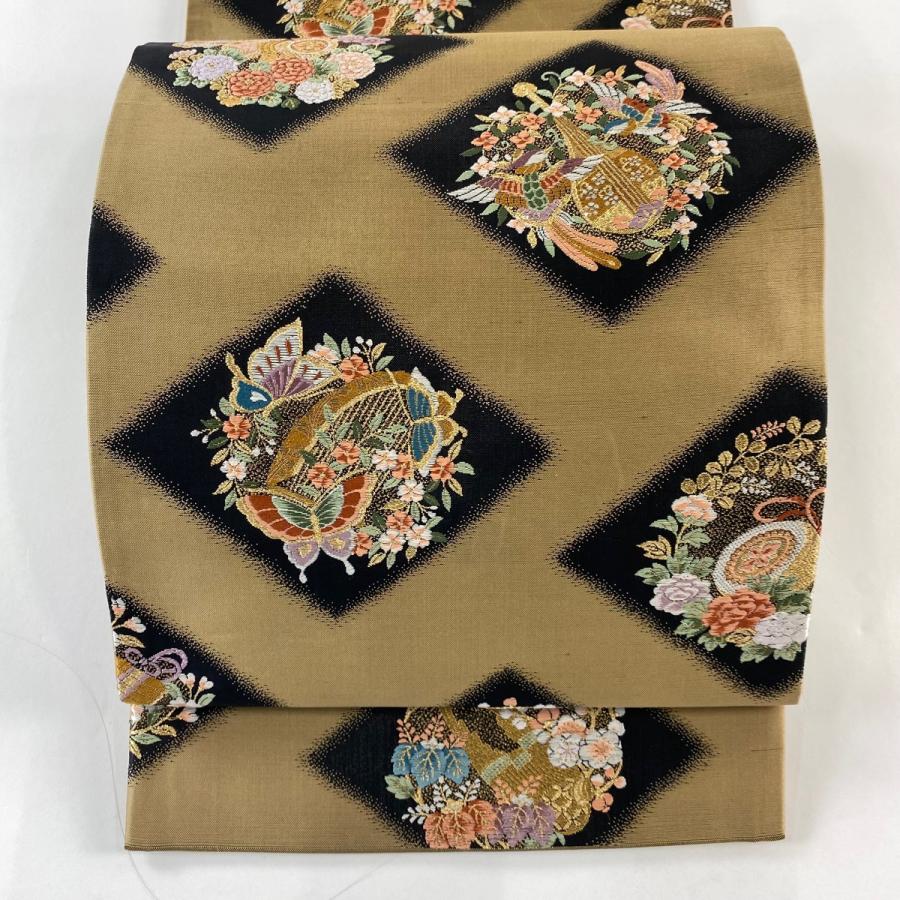 美品 袋帯 秀品 楽器 花鳥 金糸 刺繍 薄茶色 六通 正絹 中古