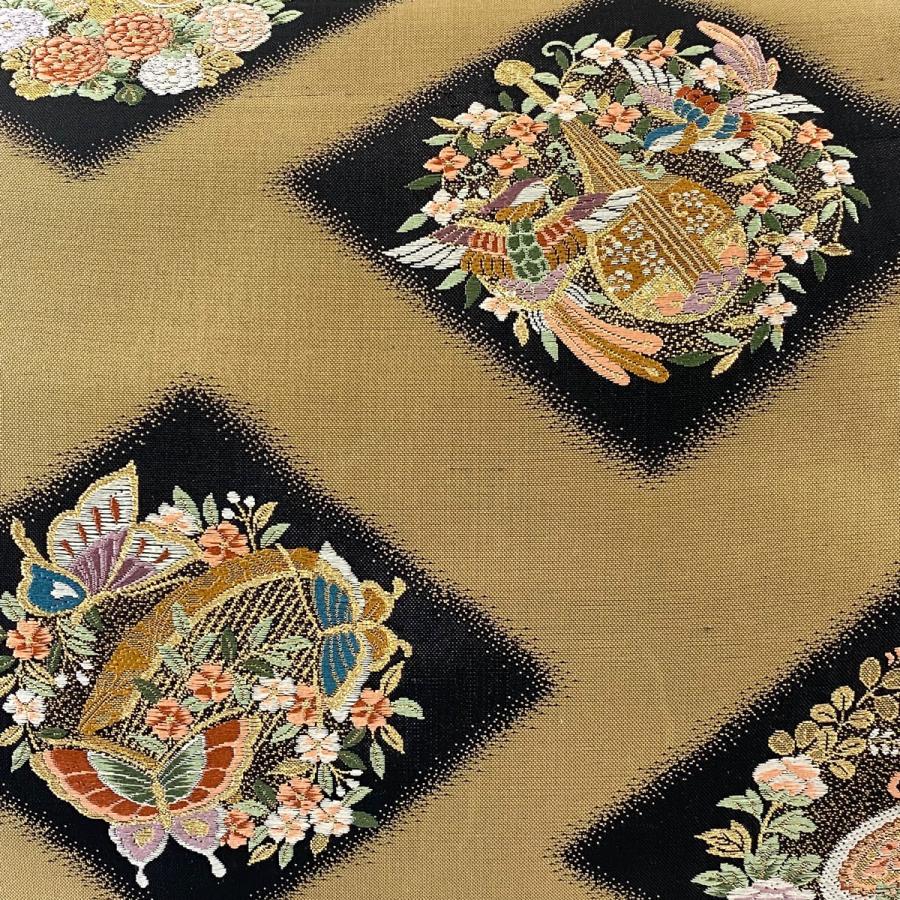 美品 袋帯 秀品 楽器 花鳥 金糸 刺繍 薄茶色 六通 正絹 中古