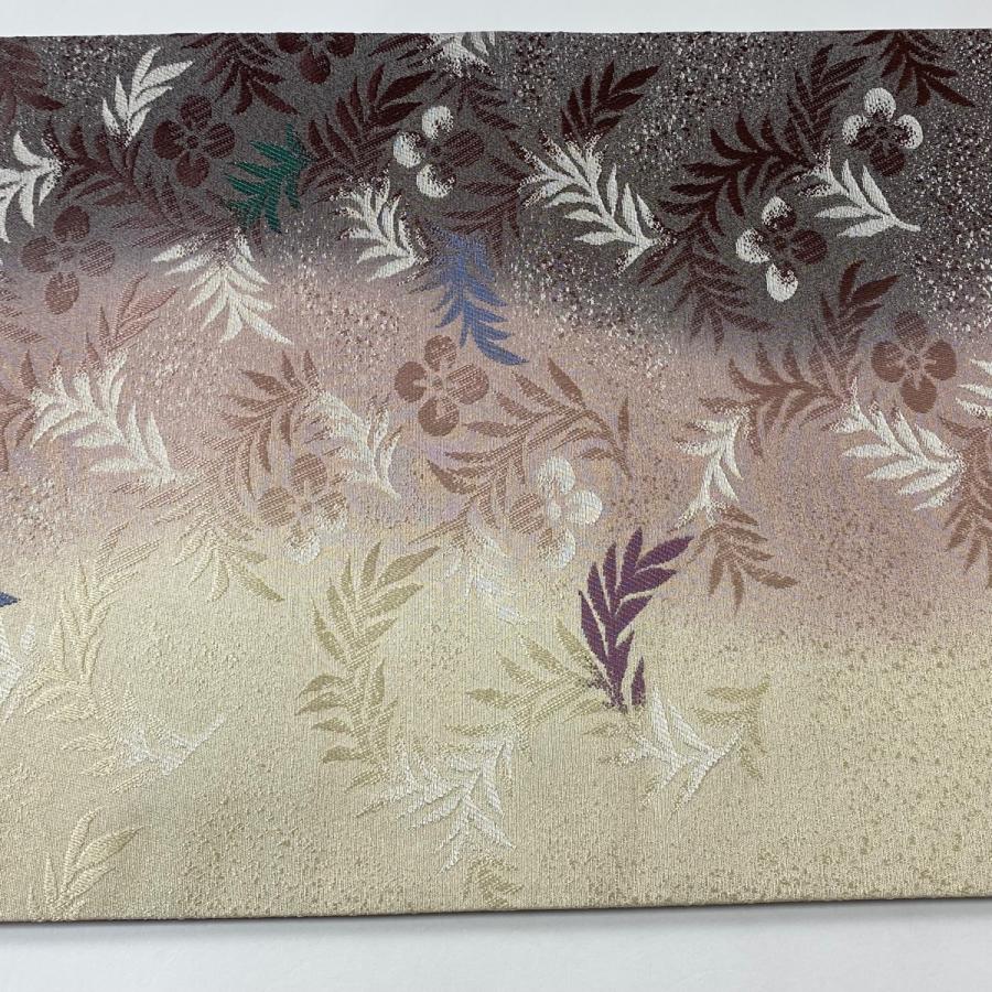 袋帯 名品 花 葉柄 銀糸 ベージュ 全通 正絹 中古 : リユース